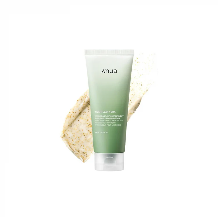 ANUA Heartleaf Pore Deep Cleansing Foam 150ml - A gentle facial cleanser formulated with heartleaf extract and salicylic acid, designed to deeply cleanse and soothe oily and acne-prone skin. The lightweight foam texture effectively removes impurities while maintaining hydration, making it ideal for humid climates.