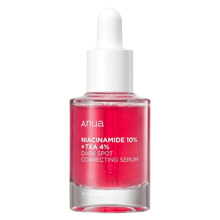 A sleek glass bottle of Anua Niacinamide 10% + TXA 4% Serum (30ml) with a minimalist design, featuring a dropper applicator and a clean white label displaying the product's name and key details, placed on a neutral background.