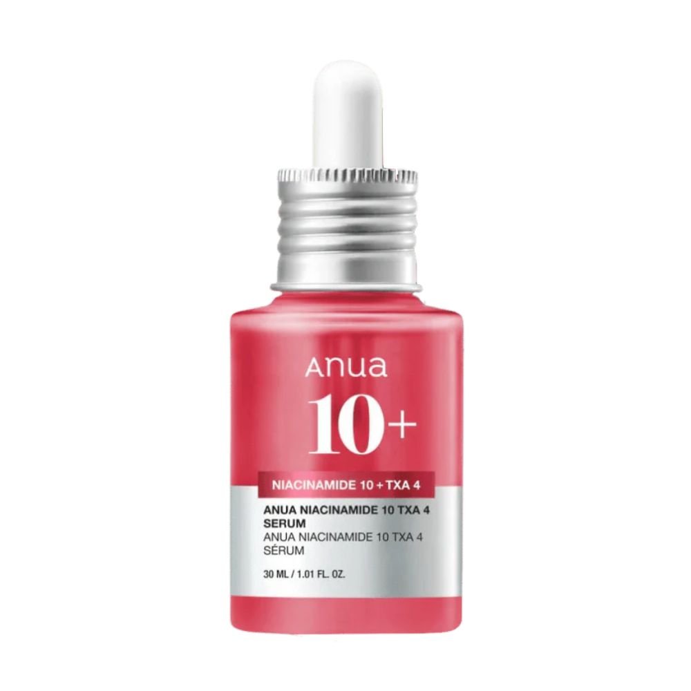 A sleek glass bottle of Anua Niacinamide 10% + TXA 4% Serum (30ml) with a minimalist design, featuring a dropper applicator and a clean white label displaying the product's name and key details, placed on a neutral background.