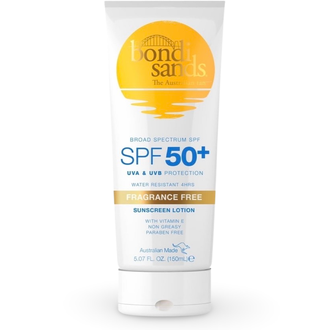 Bondi Sands Sunscreen Lotion SPF 50 150ml - lightweight, non-greasy, fragrance-free sunscreen bottle offering high SPF protection, perfect for sensitive skin and outdoor activities