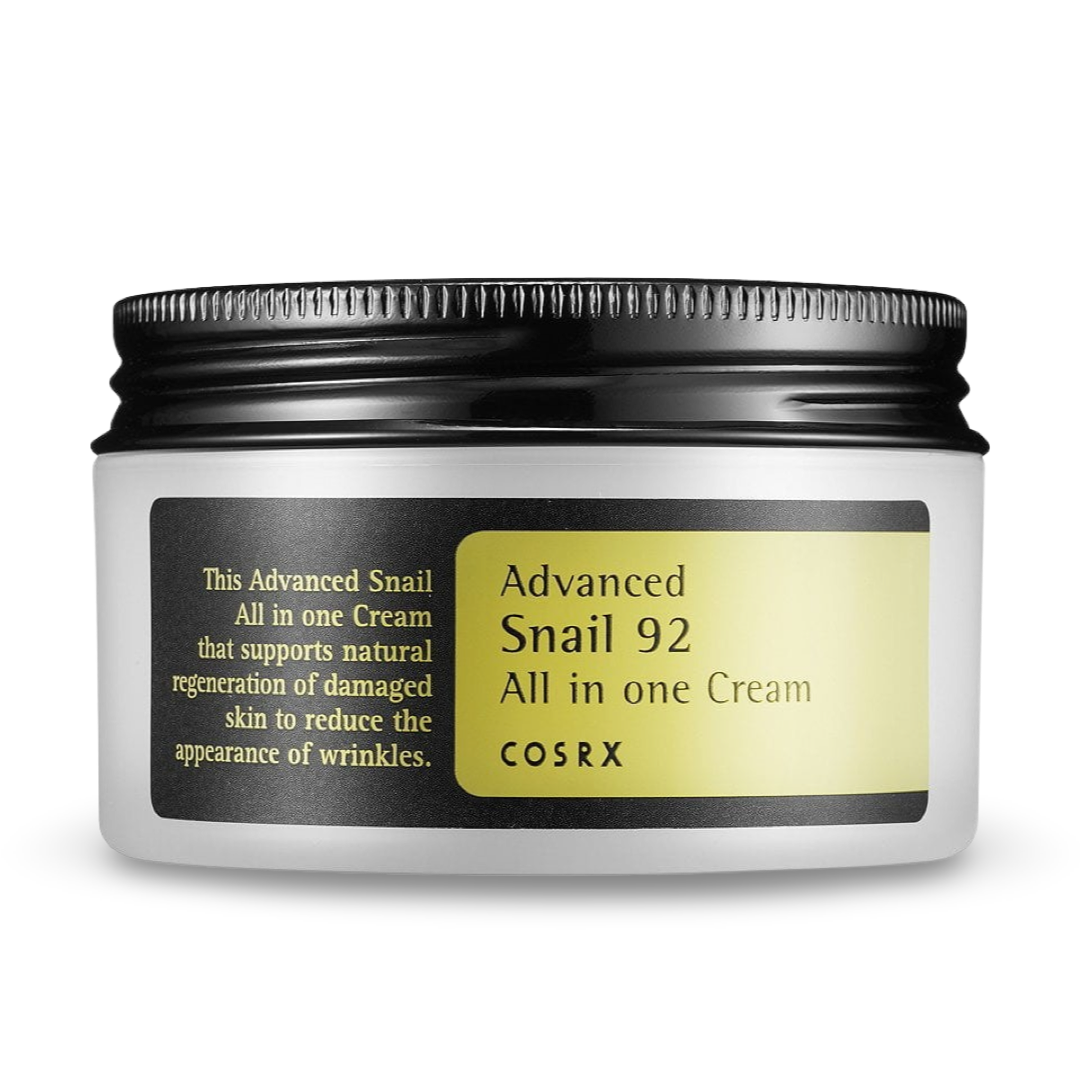 COSRX Advanced Snail 92 All in One Cream (100g) in a sleek white jar with black and yellow labeling, showcasing its lightweight, hydrating gel-cream formula designed for skin hydration, repair, and radiance.