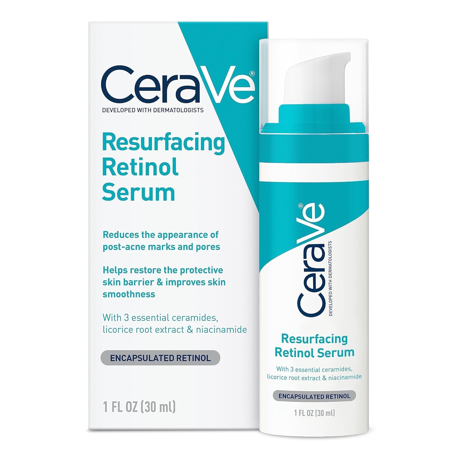 Image of Cerave Resurfacing Retinol Serum box showing the product name and key benefits. Highlights include reducing the appearance of post-acne marks and pores, restoring the skin barrier, and improving skin smoothness. The packaging also mentions three essential ceramides, licorice root extract, niacinamide, and encapsulated retinol. Size: 1 FL OZ (30 ml).