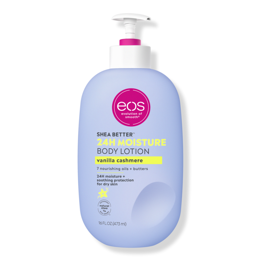 EOS Shea Better 24H Moisture Body Lotion Vanilla Cashmere - 16 fl oz bottle, featuring a sleek design with a warm vanilla, musk, and caramel scent, ideal for deep hydration and smooth, soft skin.