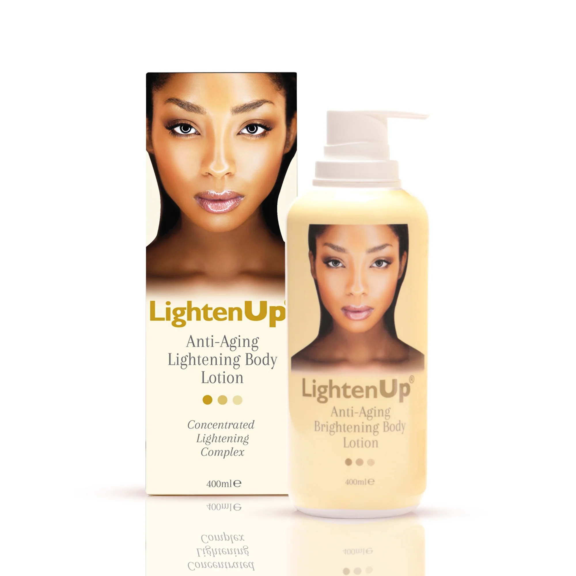 LightenUp Anti-Aging Lightening Body Lotion 400ml - a sleek white and gold bottle featuring its logo and product details, perfect for nourishing and brightening skin while addressing signs of aging and uneven tone