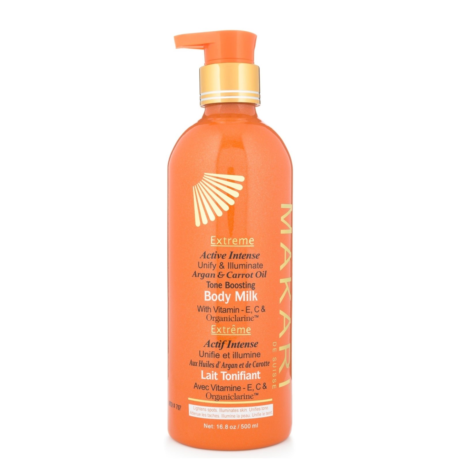 Makari Intense Extreme Body Lotion, 500ML bottle with sleek design, enriched with shea butter, vitamin C, and retinol for hydration, brightening, and anti-aging benefits, perfect for dry to normal skin types.