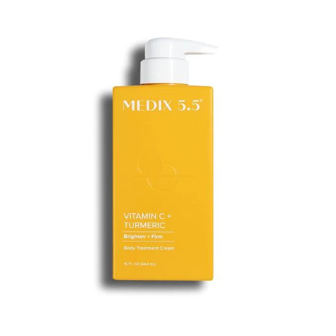 Medix 5.5 Body Lotion in a 15 fl oz bottle, featuring a sleek design with a pump dispenser, highlighted against a clean background, emphasizing its anti-aging, hydrating, and brightening properties for smooth, nourished skin.