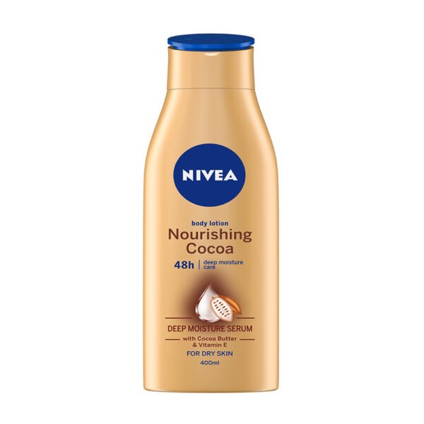 Bottle of NIVEA Nourishing Cocoa Body Lotion, 400ml, featuring sleek packaging with a rich cocoa design, highlighting its promise of 48-hour deep hydration and skin nourishment, perfect for individuals with dry to very dry skin