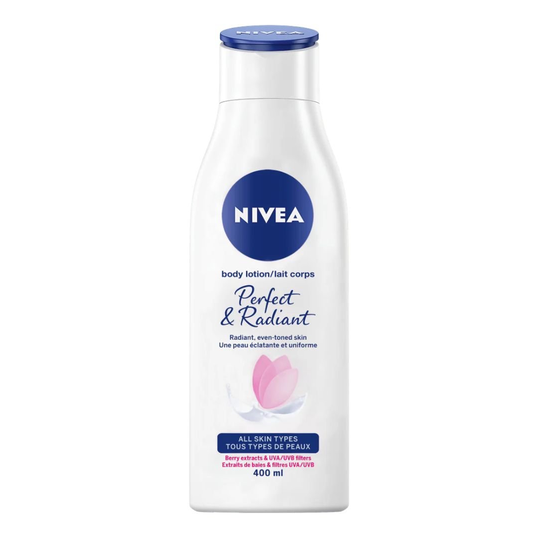 NIVEA Perfect & Radiant Body Lotion 400ml - Daily moisturizing lotion with liquorice and berry extracts for radiant, even-toned skin, suitable for all skin types.