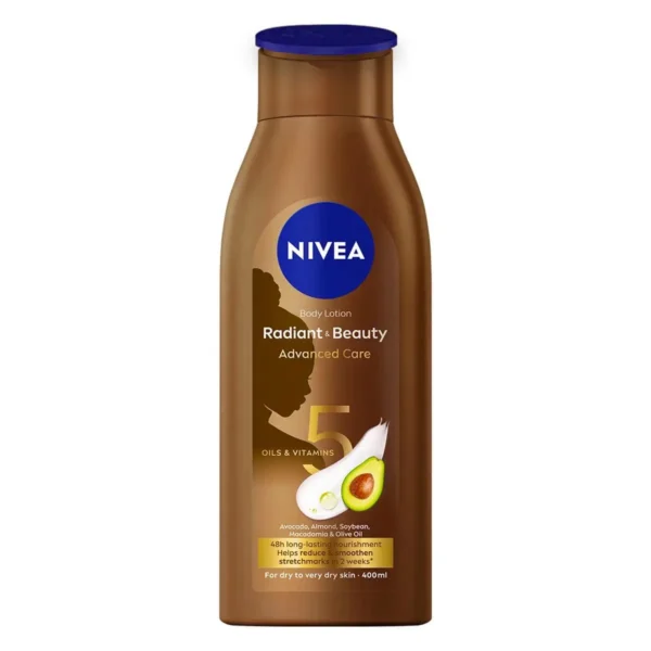 NIVEA Radiant & Beauty Advanced Care Body Lotion, 400ml - a moisturizing lotion designed for dry and melanin-rich skin, featuring 48-hour hydration and natural radiance enhancement.