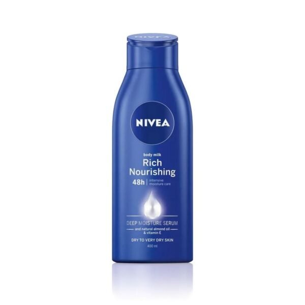 A 400ml bottle of NIVEA Rich Nourishing Deep Moisture Serum Body Milk with a sleek blue design, featuring "48-hour moisture" prominently on the label, perfect for dry and very dry skin