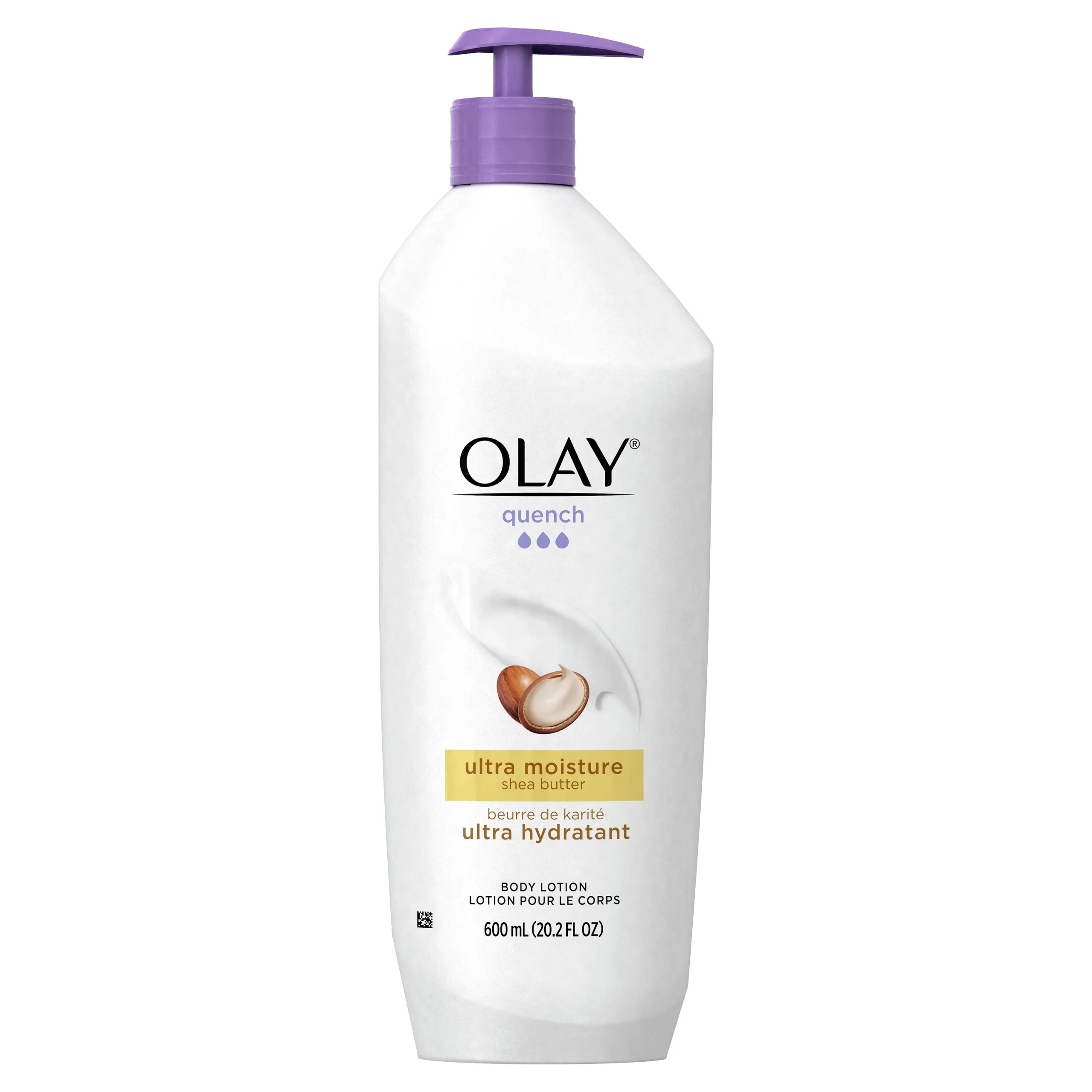 Image of Olay Quench Ultra Moisture Shea Butter Body Lotion, 600ML bottle, featuring a sleek white and gold design with text highlighting 24-hour moisture and enriched shea butter for soft, hydrated skin.