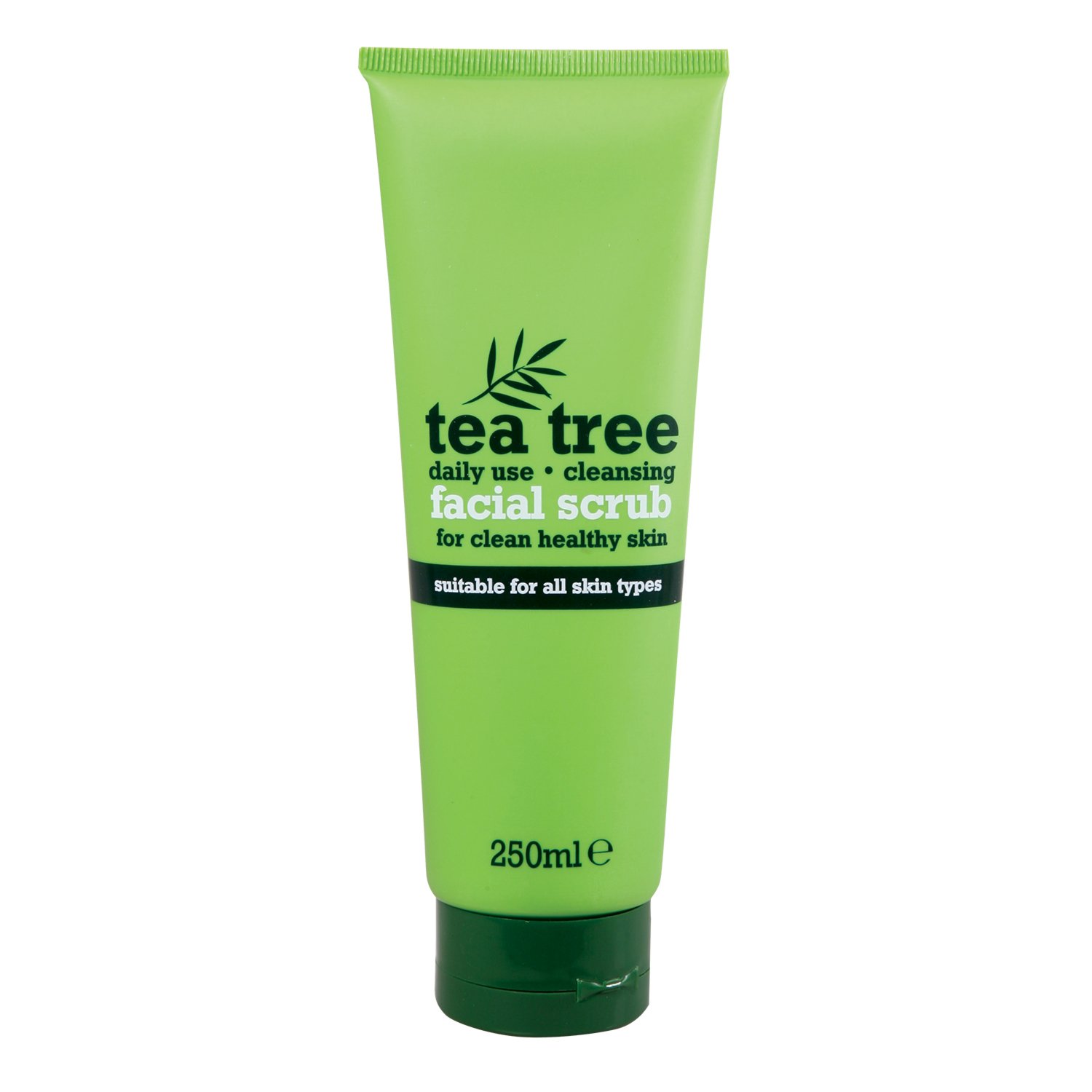 Tea Tree Facial Scrub 250ml - A gentle exfoliating scrub with tea tree oil, designed to remove dead skin cells, control excess oil, and promote clear, refreshed skin. Packaged in a sleek, green tube with a flip-top cap, perfect for daily use on oily and acne-prone skin