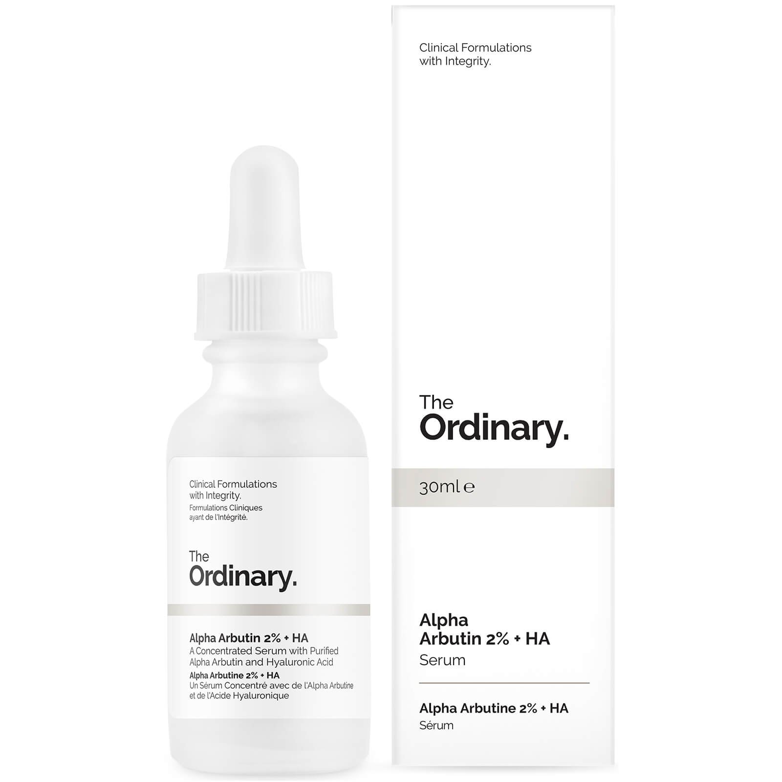 A 30ml bottle of The Ordinary Alpha Arbutin 2% + HA serum with a minimalist white and gray design, featuring a dropper cap, positioned against a clean background, highlighting its lightweight, water-based formulation for brightening and hydratio