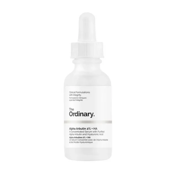 Flat lay of The Ordinary Alpha Arbutin Facial Serum with minimalist packaging, featuring a dropper bottle against a bright, clean background. Ideal for hyperpigmentation and uneven skin tone.