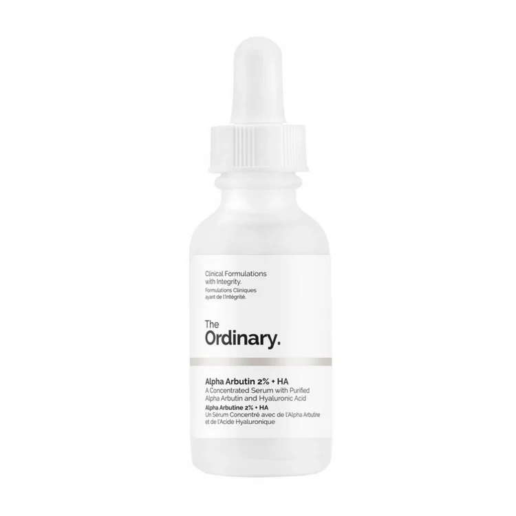 Flat lay of The Ordinary Alpha Arbutin Facial Serum with minimalist packaging, featuring a dropper bottle against a bright, clean background. Ideal for hyperpigmentation and uneven skin tone.