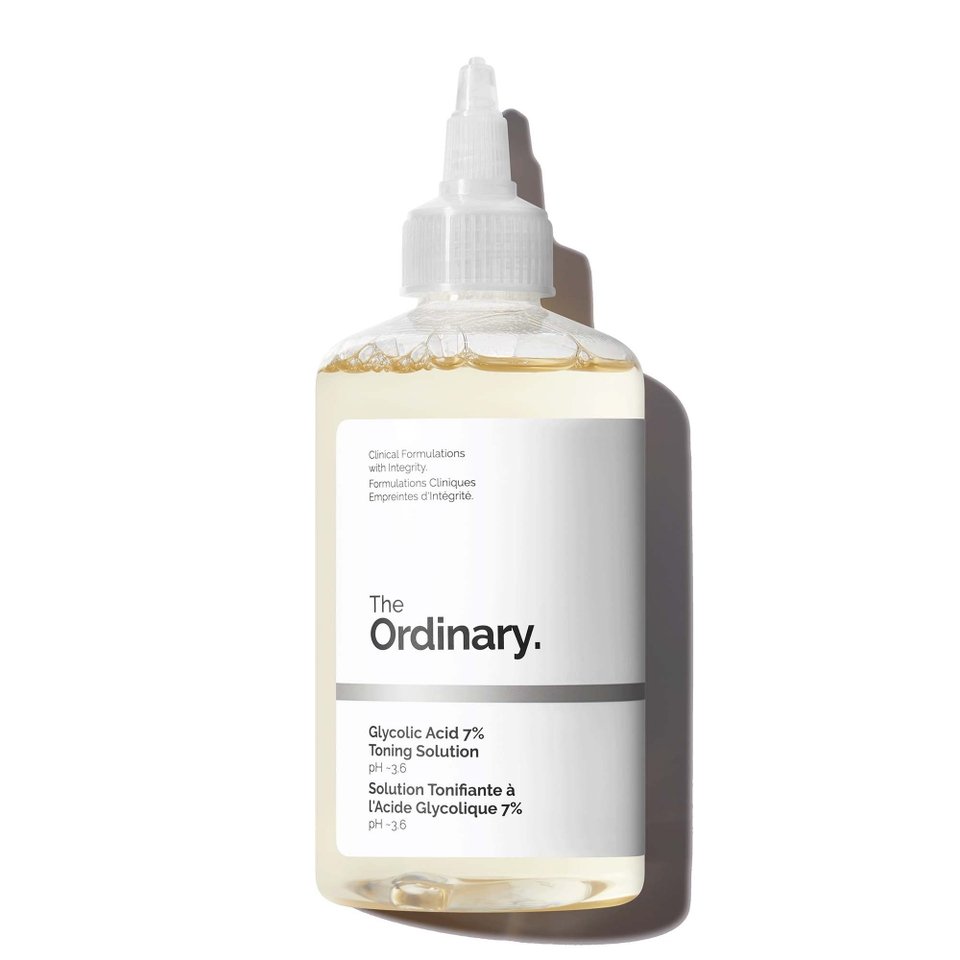 Product image of The Ordinary Glycolic Acid 7% Exfoliating Toner in a 240ml transparent bottle with a white cap, featuring minimalist black and white branding, designed to gently exfoliate, brighten skin, and improve texture.