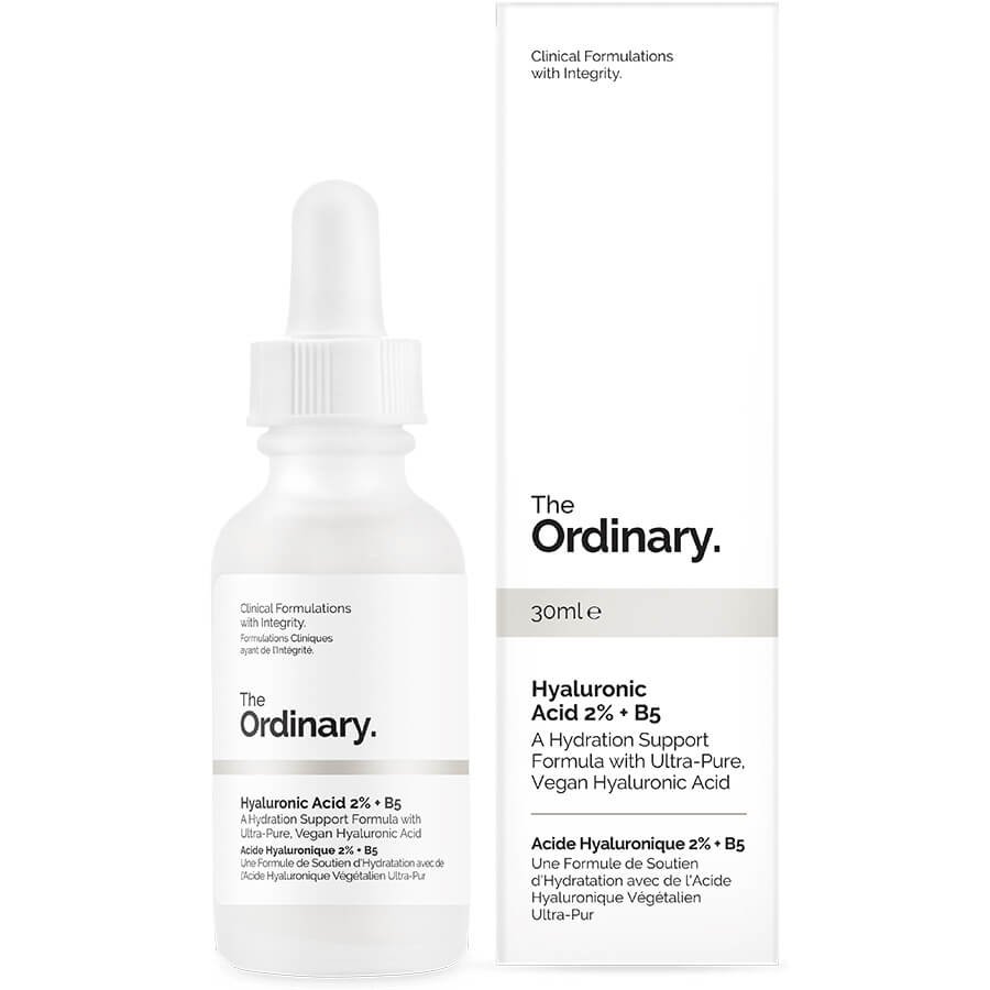 Product image of The Ordinary Hyaluronic Acid 2% + B5, a lightweight, water-based hydrating serum in a 30ml clear bottle with a dropper, designed to deeply moisturize and improve skin texture.