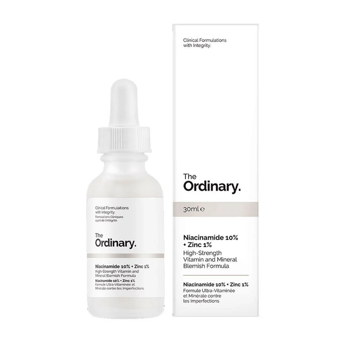 A clear glass bottle of The Ordinary Niacinamide 10% + Zinc 1% Serum, featuring a minimalist white label with black text, and a dropper cap, positioned on a clean, bright surface. Ideal for reducing blemishes, balancing oil, and improving skin texture. Perfect for all skin types, especially oily and acne-prone