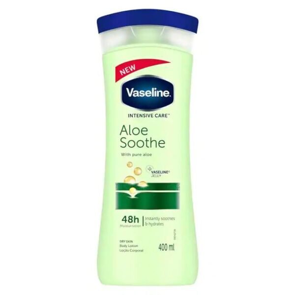 Vaseline Intensive Care Aloe Soothe Body Lotion - 400ml bottle with a green body and blue cap, featuring key details such as 48-hour moisturization and aloe vera for hydration and soothing. Designed for dry skin, the packaging highlights its non-greasy formula and inclusion of Vaseline Jelly micro-droplets for effective skin care.