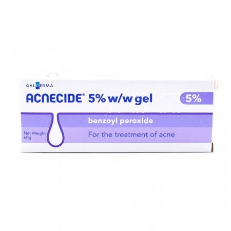 Acnecide 5% Gel Benzoyl Peroxide – 60g tube, an effective acne treatment gel designed to reduce breakouts, unclog pores, and hydrate skin, suitable for oily and acne-prone skin.