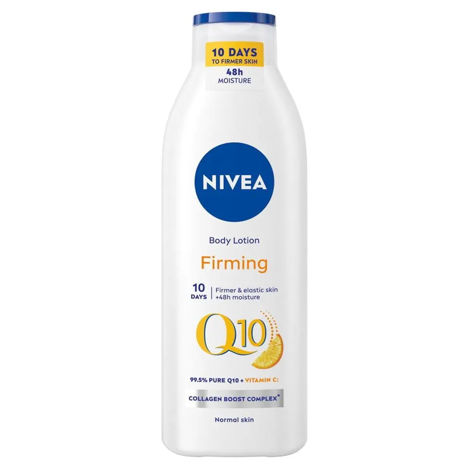 Image of NIVEA Q10 + Vitamin C Firming Body Lotion in a 400ml bottle, featuring a sleek white and blue design with yellow accents, highlighting its key benefits of firming skin, improving elasticity, and providing 48-hour hydration for normal to dry skin types.