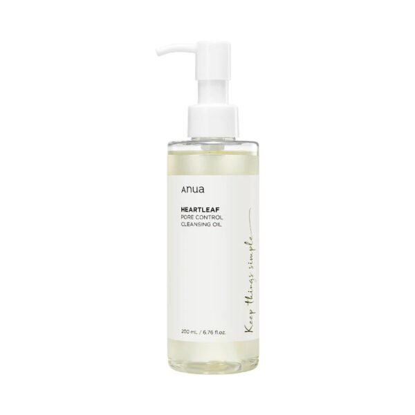 ANUA Heartleaf Pore Control Cleansing Oil in a sleek 200ml bottle, featuring a minimalist design with a white and green label, symbolizing its soothing and natural ingredients for gentle and effective skincare.