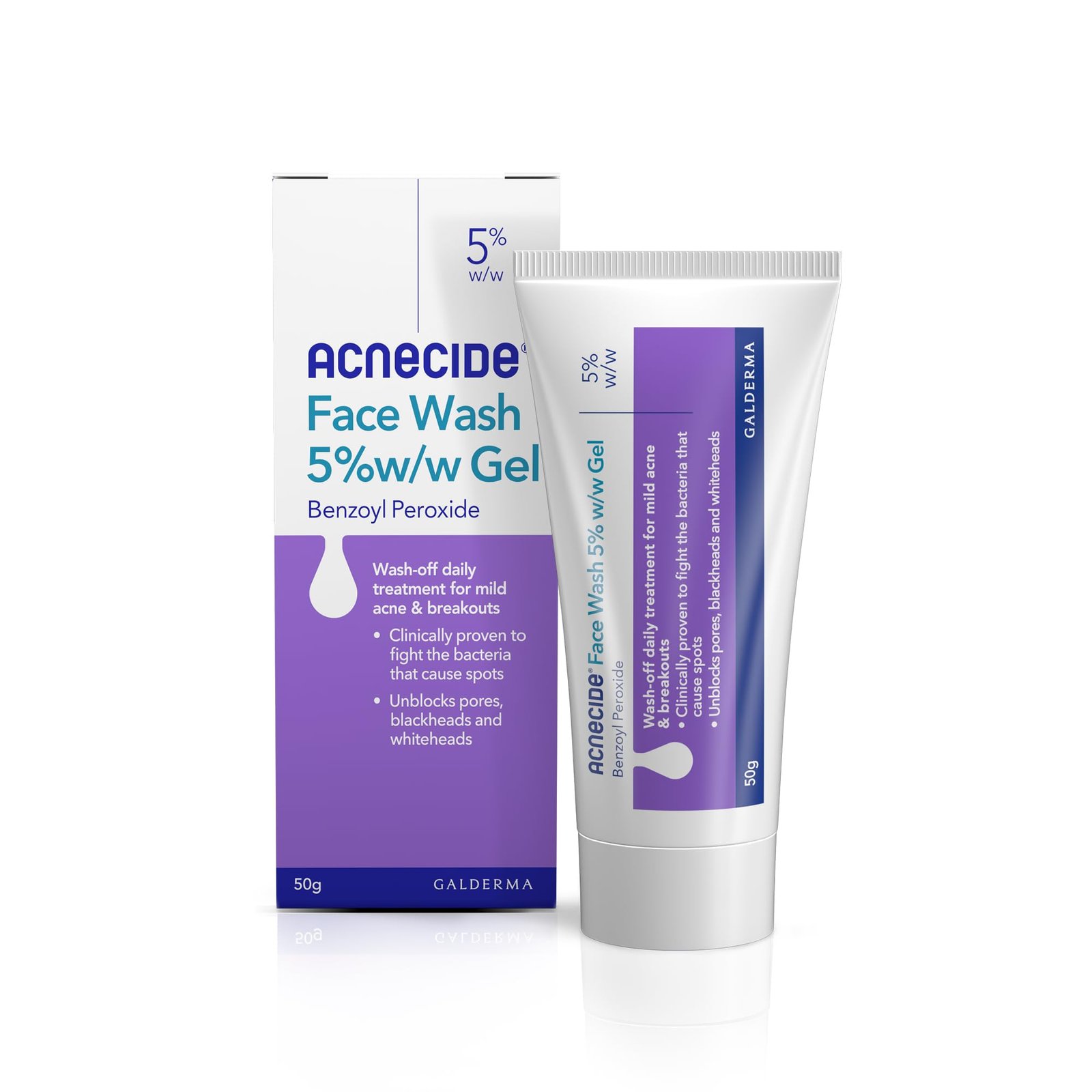 Acnecide 5% Benzoyl Peroxide Face Wash, 50g tube, designed to treat mild to moderate acne, reduce inflammation, and target acne-causing bacteria with hydrating properties, suitable for oily and combination skin types.