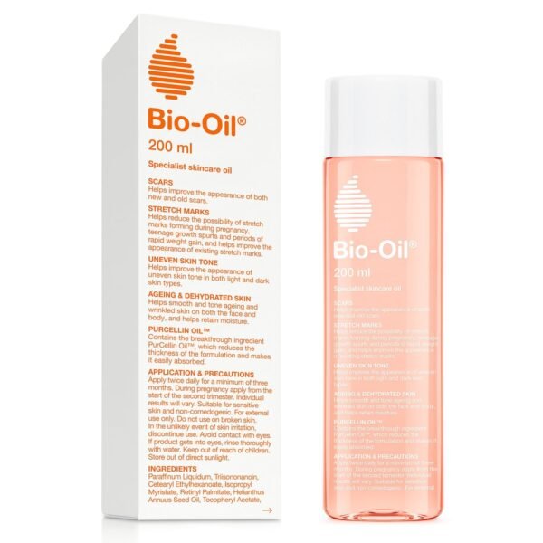 A 200ml bottle of Bio-Oil Specialist Skincare Oil with its signature orange and white packaging, designed to improve the appearance of scars, stretch marks, and uneven skin tone. The bottle is placed on a clean, white background, highlighting its sleek and minimalist design.