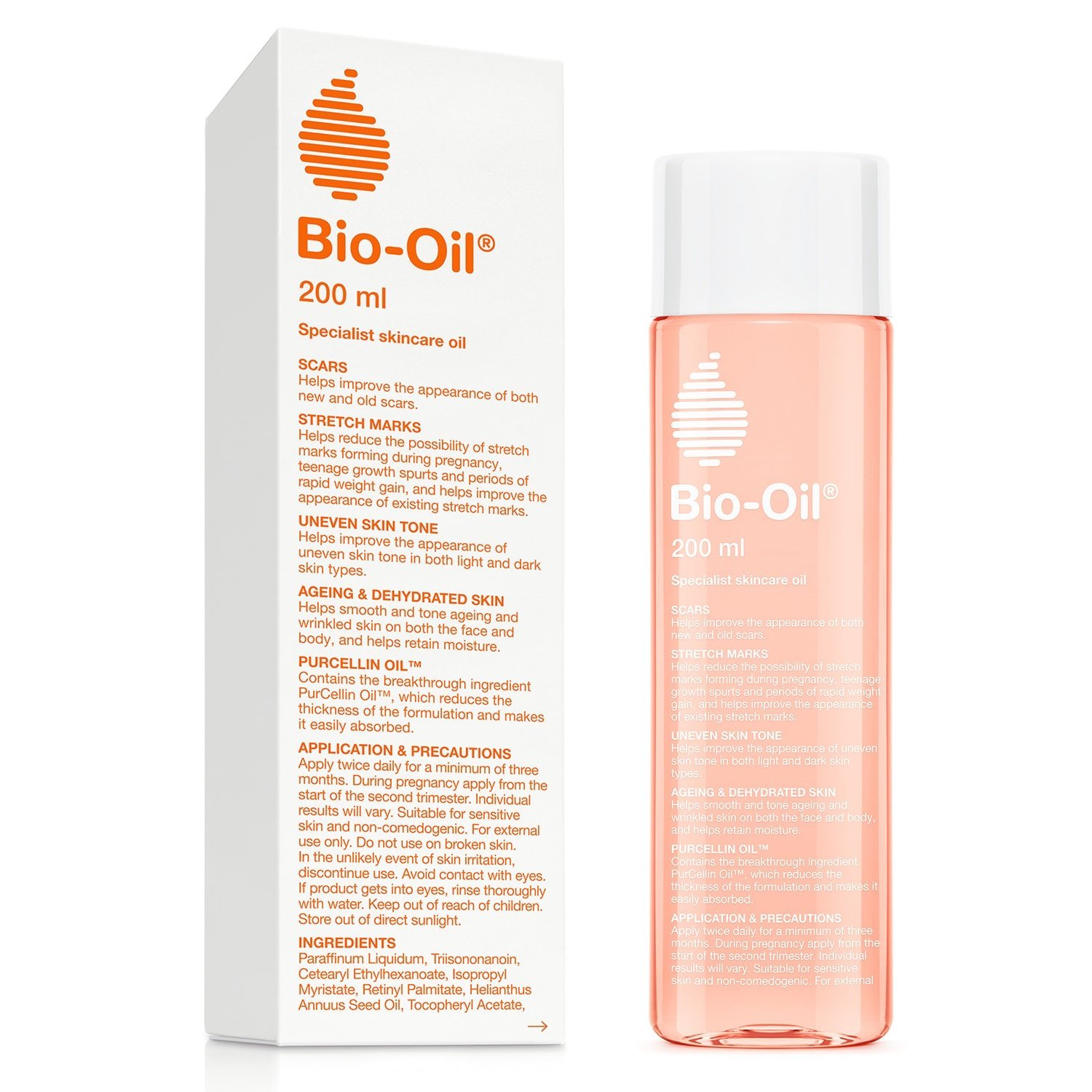 A 200ml bottle of Bio-Oil Specialist Skincare Oil with its signature orange and white packaging, designed to improve the appearance of scars, stretch marks, and uneven skin tone. The bottle is placed on a clean, white background, highlighting its sleek and minimalist design.