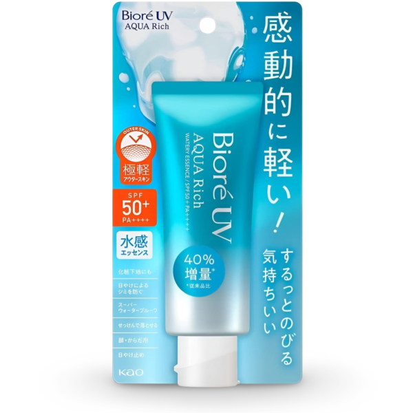 Biore UV Aqua Rich Watery Essence Sunscreen SPF 50 PA++++ in a sleek blue tube with a silver cap, placed against a clean white background, highlighting its lightweight, hydrating, and high sun protection formula.