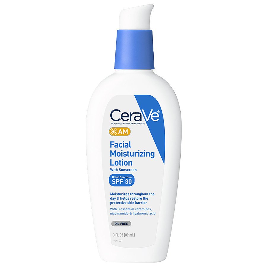 Image of CeraVe AM Facial Moisturizing Lotion SPF 30, a lightweight daytime moisturizer in a white and blue pump bottle, offering broad-spectrum sun protection and hydration for normal to dry skin