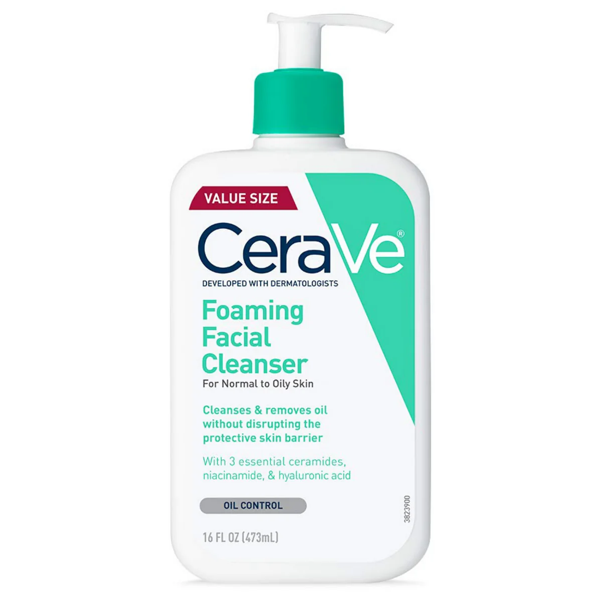 A 473ml bottle of CeraVe Foaming Facial Cleanser with a pump dispenser, featuring a white and green label, designed for normal to oily skin. Dermatologist-developed, the cleanser effectively removes oil and dirt while maintaining the skin's natural barrier. Suitable for sensitive skin and daily use.