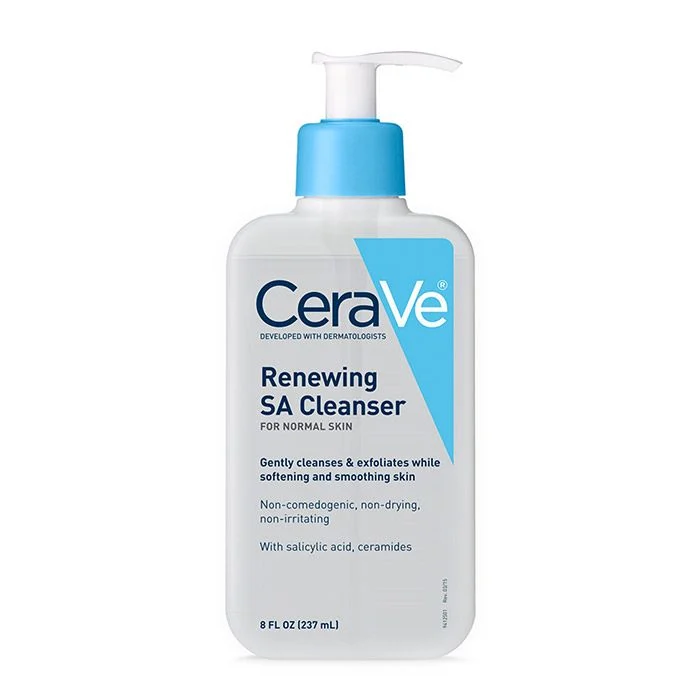 CeraVe SA Renewing Cleanser 237ml bottle with a white and green label, featuring dermatologist-recommended gentle exfoliating and hydrating properties for face and body, suitable for acne-prone and sensitive skin.