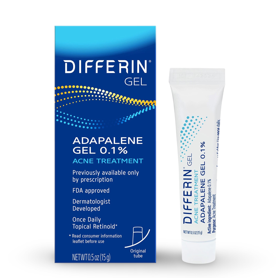 Image of Differin® Gel Adapalene 0.1% Acne Treatment in a 15g tube. The product is designed to treat acne, reduce inflammation, and improve skin texture, featuring a non-comedogenic, oil-free, and fragrance-free formula