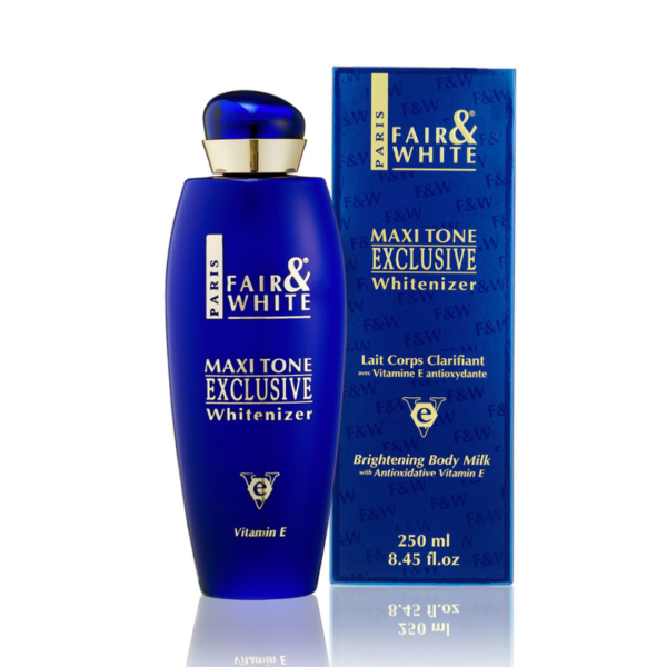 A 250ml bottle of Fair & White Maxi Tone Exclusive Whitenizer Anti-Ageing Milk with a sleek blue and white design, sitting on a clean, bright surface, showcasing its promise for skin-brightening and anti-aging benefits. Perfect for enhancing your skincare routine.