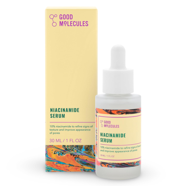 Good Molecules Niacinamide Serum 30ml in a clear glass bottle with a dropper, placed on a white background, highlighting its minimalist and clean design.