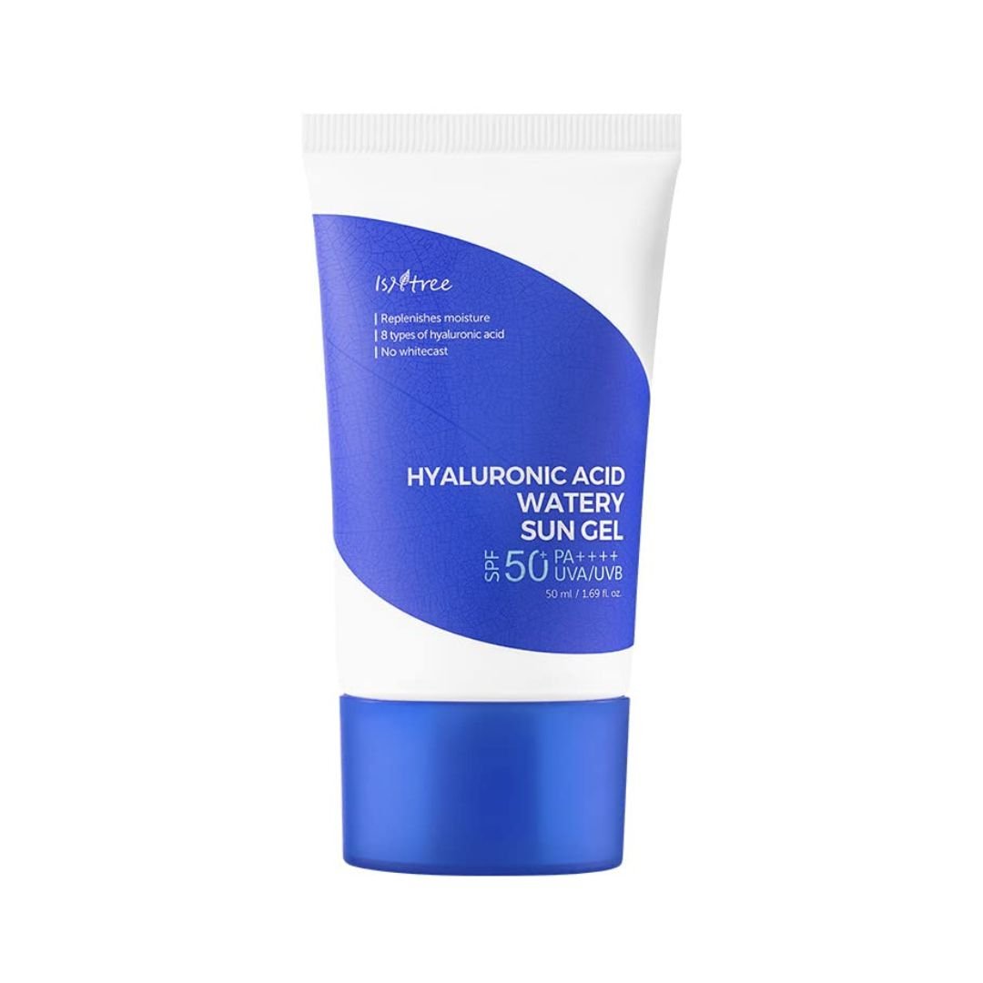 ISNTREE Hyaluronic Acid Watery Sun Gel 50ml – Lightweight, hydrating sunscreen with SPF 50+ PA++++, suitable for all skin types, featuring soothing and moisturizing ingredients like hyaluronic acid and Centella Asiatica, in a sleek, travel-friendly tube.