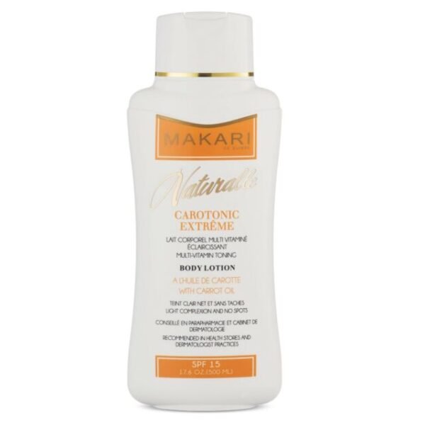 Makari Carotonic Extreme Body Lotion, 500ml bottle, featuring a sleek gold and white design with text highlighting its brightening and skin-nourishing properties, ideal for addressing blemishes, uneven skin tone, and promoting radiant skin.