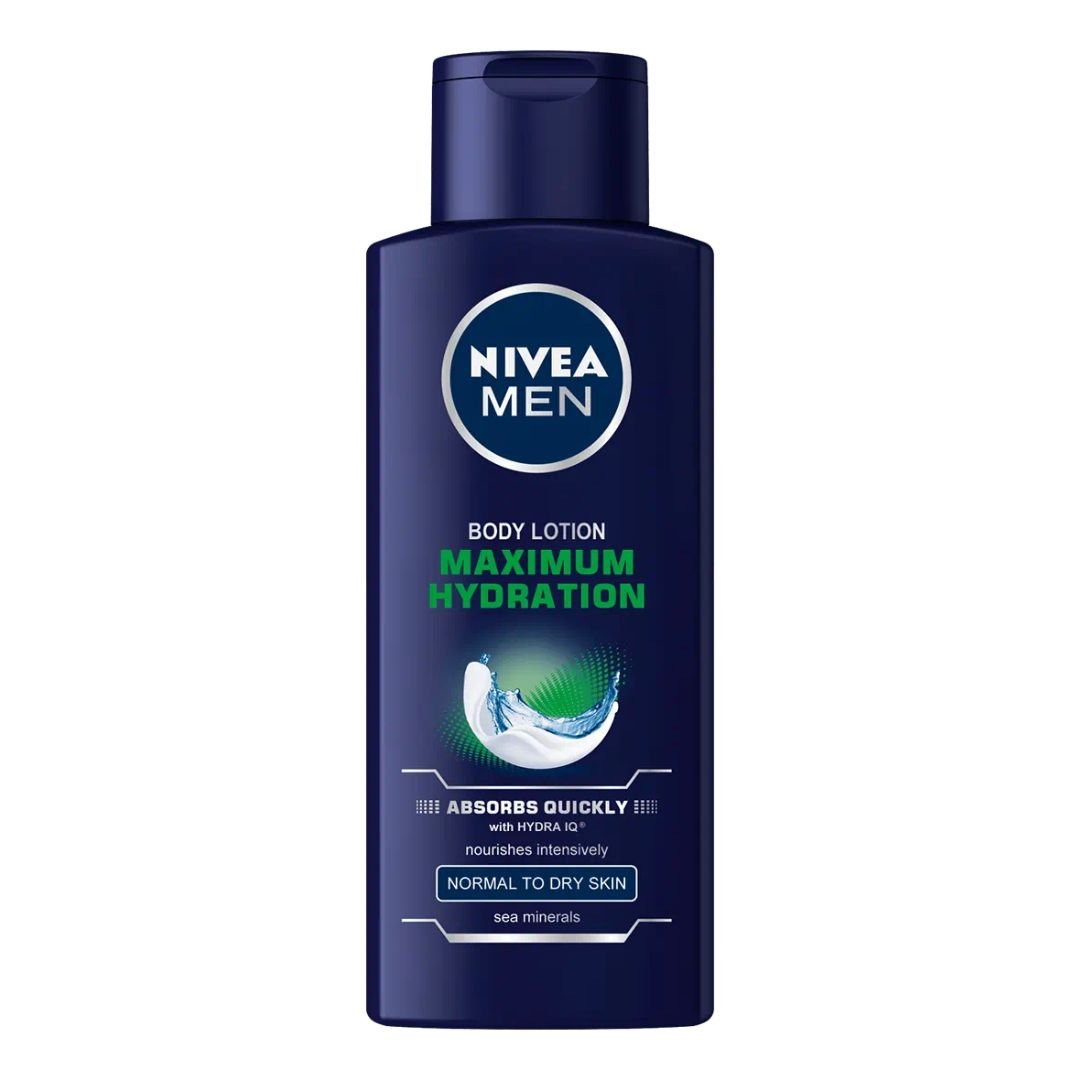 400ml bottle of NIVEA Maximum Hydration Lotion for Men, featuring a sleek blue design with a pump dispenser, formulated to provide 24+ hours of intensive hydration and enriched with aloe vera for soothing and nourishing dry skin.