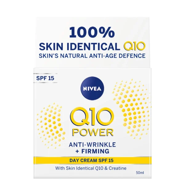 Image of NIVEA Q10 Power Anti-Wrinkle Firming Day Cream, 50ml, with SPF 15. A sleek white and blue jar of moisturizing cream designed to visibly reduce wrinkles, improve skin firmness, and provide sun protection.