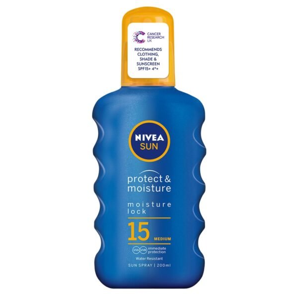 Image of Nivea Protect & Moisture Sun Spray SPF15, 200ml – a blue and white spray bottle designed for effective sun protection and skin hydration, suitable for all skin types and outdoor activities.