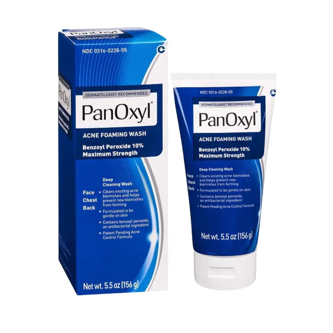 PanOxyl Acne Foaming Wash Benzoyl Peroxide 10% - an 8 oz bottle with a sleek white and blue design, offering effective acne treatment for face and body.