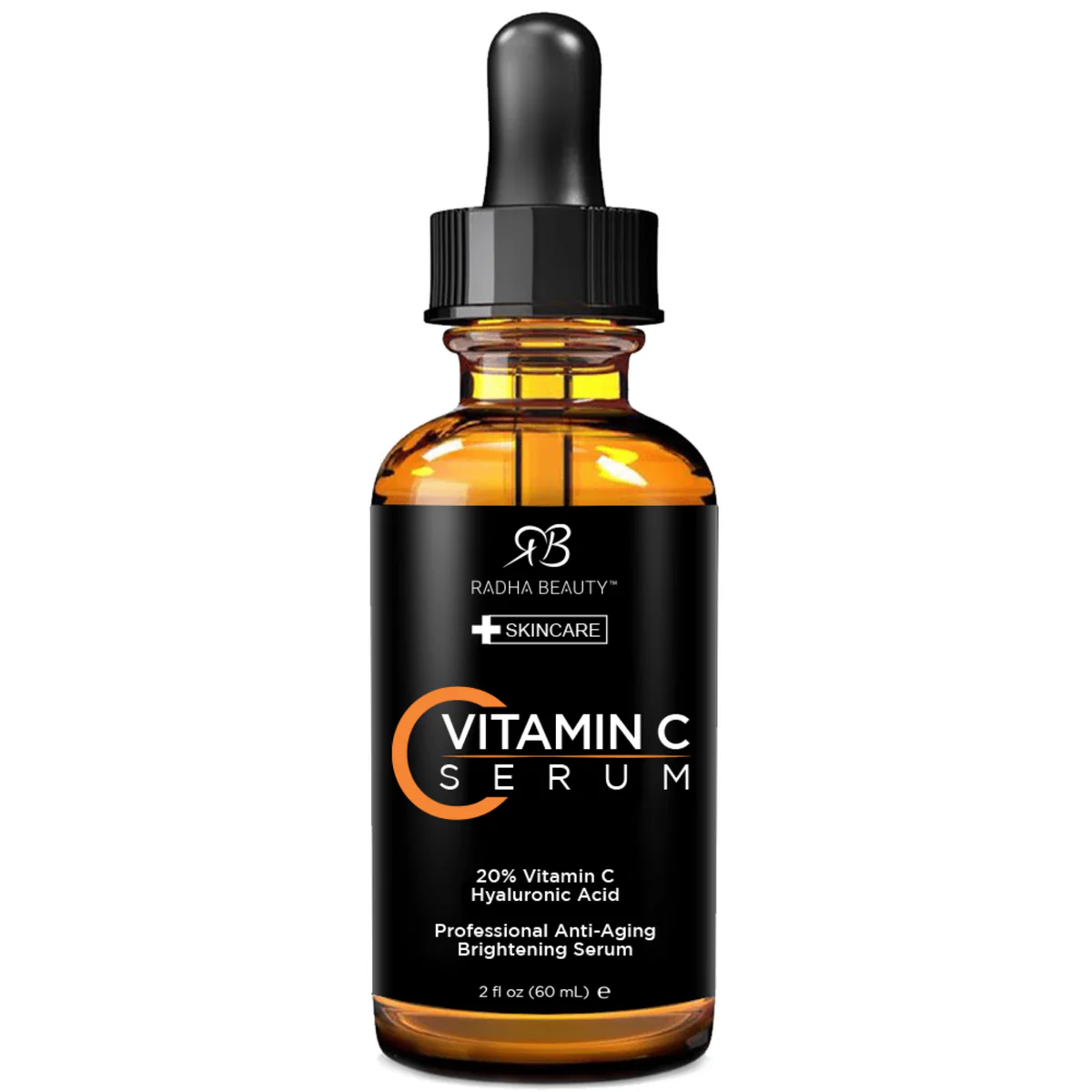 Radha Beauty Vitamin C Serum bottle placed on a clean white surface, showcasing its sleek design with a dropper cap and vibrant orange label, highlighting its 20% Vitamin C formula for brightening and hydrating skin.