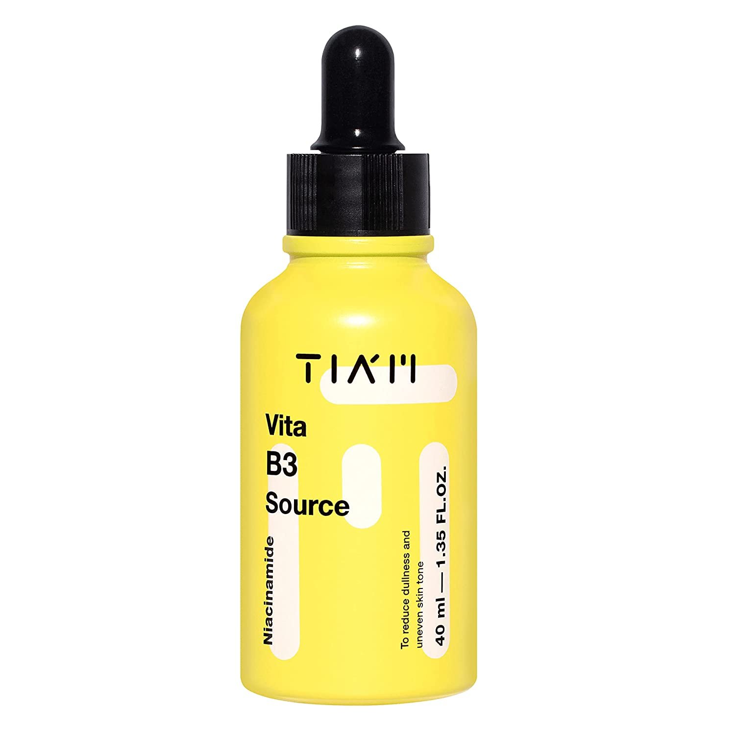 A sleek bottle of TIA'M Vita B3 Source brightening serum with a white label and minimalist design, placed on a clean surface. The 40ml serum is highlighted, showcasing its lightweight, hydrating formula designed to reduce dark spots and even out skin tone for radiant, glowing skin.