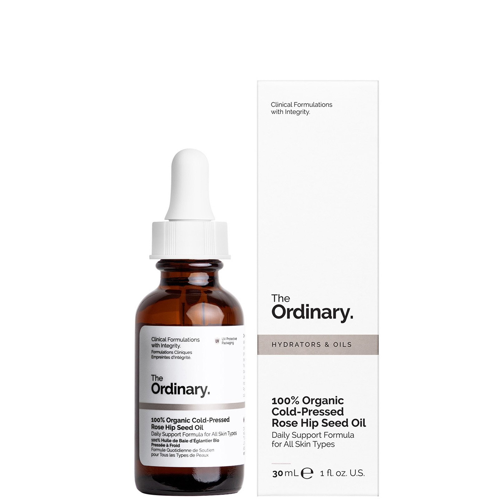 Product image of The Ordinary 100% Organic Cold-Pressed Rose Hip Seed Oil, a 30ml glass bottle with a dropper, featuring minimalist packaging and a label highlighting its 100% organic formulation, ideal for hydrating and nourishing the skin.