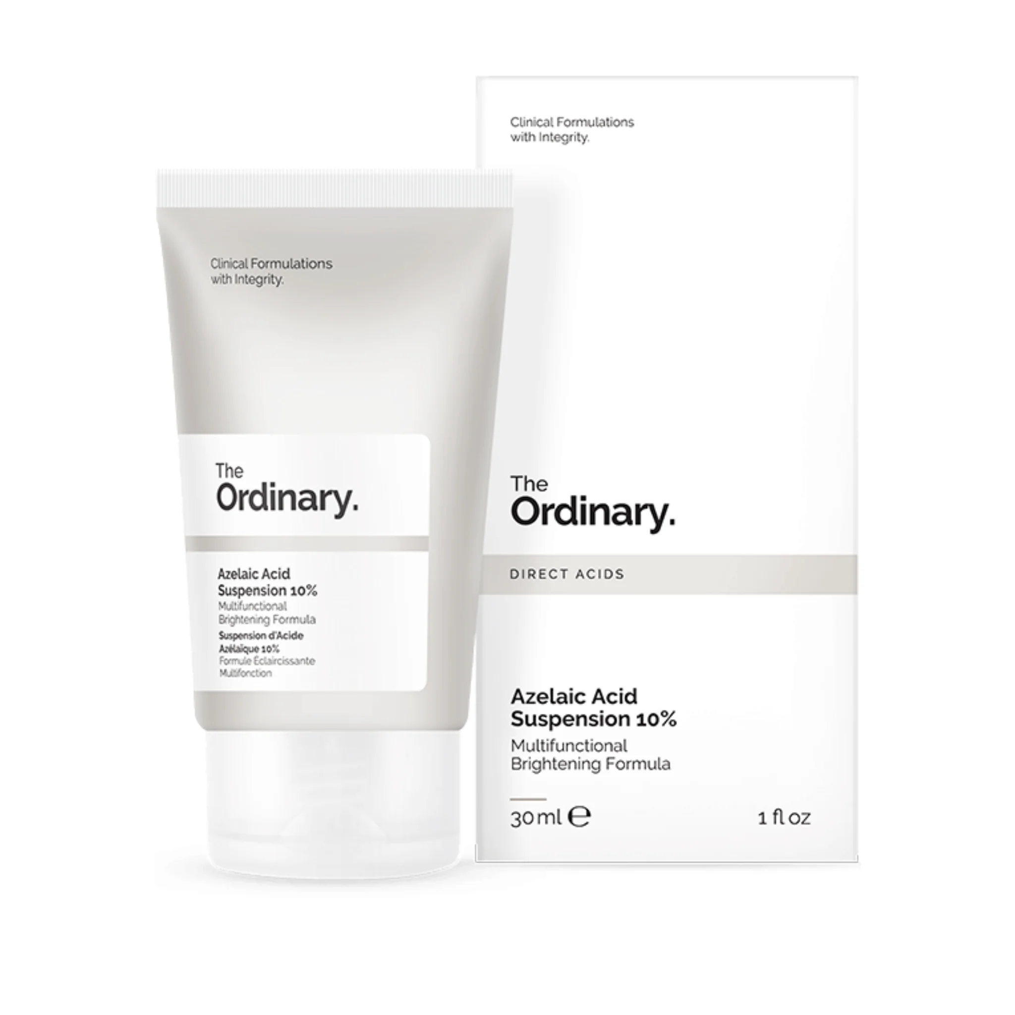 Image of The Ordinary Azelaic Acid Suspension 10% in a 30ml tube, a lightweight cream-gel formulated to brighten skin, reduce blemishes, and improve uneven tone, perfect for sensitive and acne-prone skin