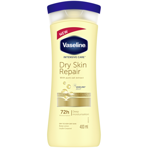 Vaseline Intensive Care Dry Skin Repair Body Lotion, 400ml bottle with a sleek white design and blue cap, featuring product details and branding, designed to provide deep hydration and repair for very dry skin.