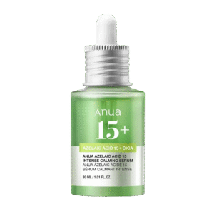 ANUA Azelaic Acid 10 Hyaluron Redness Soothing Serum (30ml) on white background. Transparent glass dropper bottle with clear serum, labeled "For Sensitive Skin." Key ingredients highlighted: 10% Azelaic Acid, Hyaluronic Acid, Centella Asiatica. Ideal for acne-prone, rosacea, or redness-prone skin in humid, sunny climates.