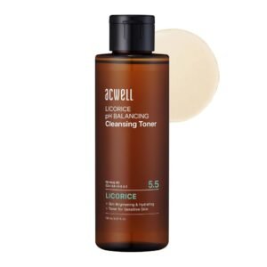 Front‑facing bottle of Acwell Licorice pH Balancing Cleansing Toner (150 ml) with light‑amber liquid and minimalist teal label, photographed on a clean white background to highlight the product’s clarity and gentle, low‑pH formula.