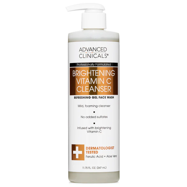 A sleek pump bottle of Advanced Clinicals Brightening Vitamin C Cleanser on a white background, featuring vibrant citrus graphics. Text highlights "Vitamin C + Ferulic Acid" and "Gentle for All Skin Types," with golden accents reflecting premium, tropical-friendly skincare.